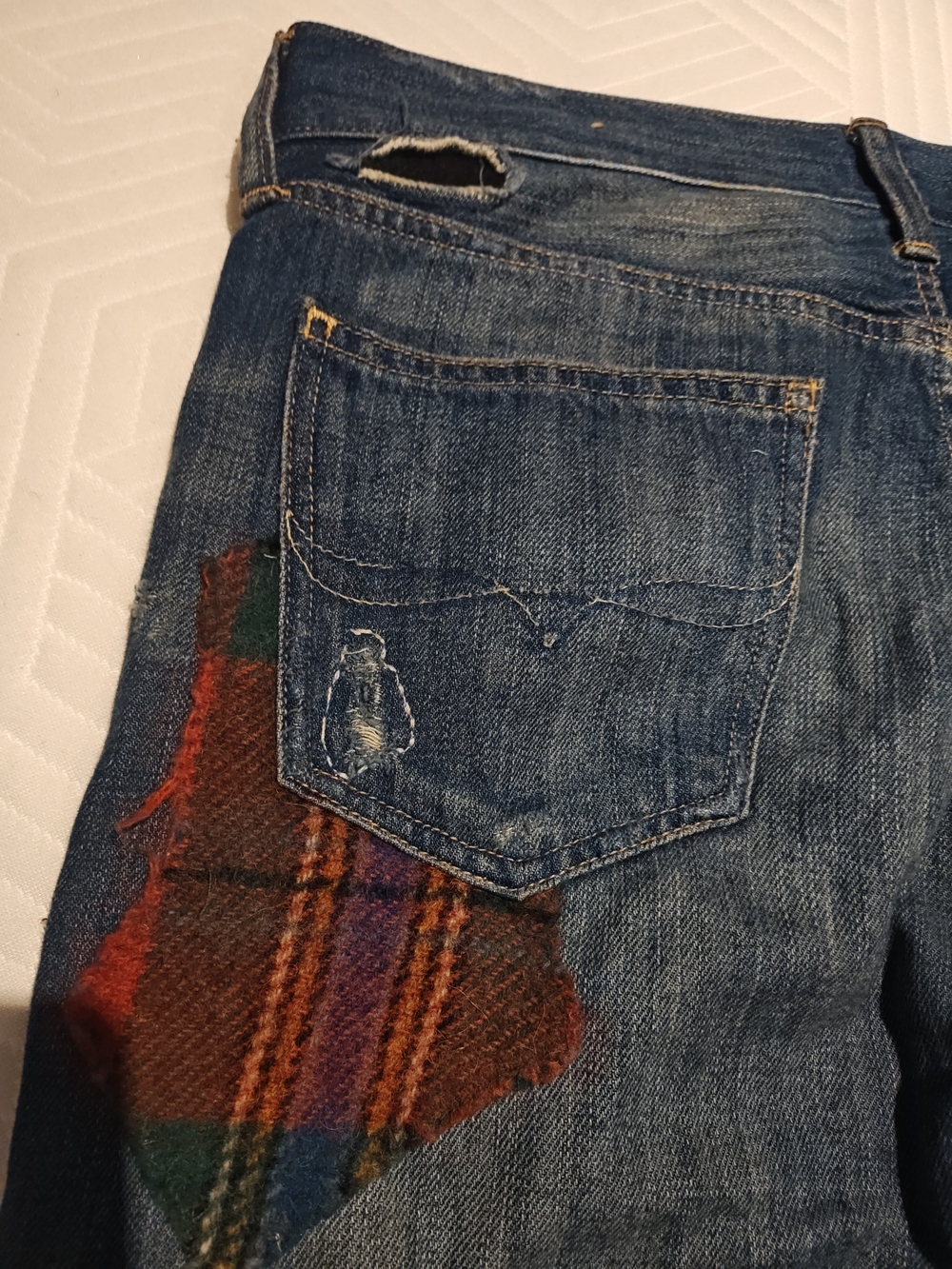 Polo by Ralph Lauren Slim Straight Distressed Blue Jeans with Plaid Patches - Picture 11 of 16